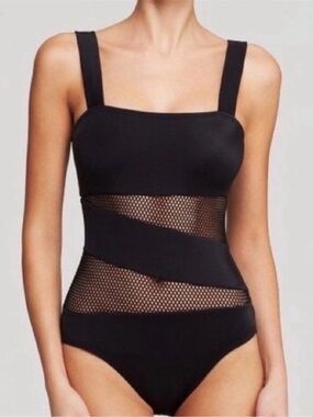 Carmen Marc Valvo Mesh One Piece Swimsuit Black Summer Resortwear Beach Feminine